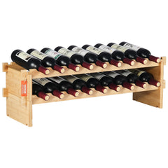Bamboo wine rack with two tiers, holding 18 bottles, featuring a natural wood finish.