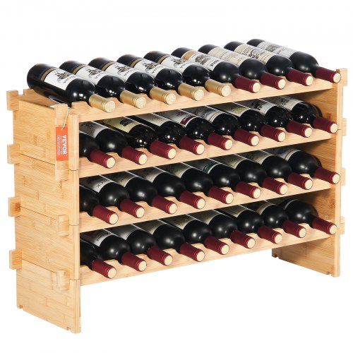 A 4-tier stackable bamboo wine rack holding 36 bottles in a modular wooden shelf design.