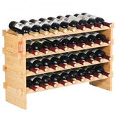 A 4-tier stackable bamboo wine rack holding 36 bottles in a modular wooden shelf design.