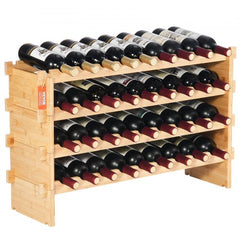 A 4-tier stackable bamboo wine rack holding 36 bottles in a modular wooden shelf design.