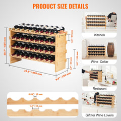 4-tier stackable bamboo wine rack holding 36 bottles, with dimensions shown.