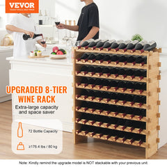Bostome 72-bottle bamboo wine rack with 8 tiers for organized wine storage and stability.