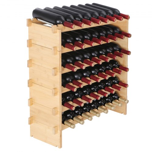 A six-tier stackable bamboo wine rack holding 48 bottles in modular wooden shelves.