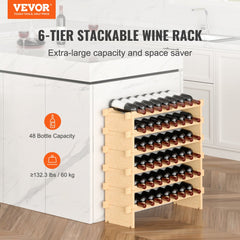 A 6-tier stackable bamboo wine rack holds 48 bottles next to a kitchen island.
