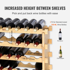 6-tier stackable bamboo wine rack holding 48 standard 750ml bottles with increased shelf height.