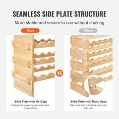 Comparison of two bamboo wine racks: left shows seamless side plate structure without gaps for stability, right shows gapped structure prone to shaking.