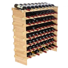 A stackable 8-tier bamboo wine rack holding 72 bottles in a modular shelf design.