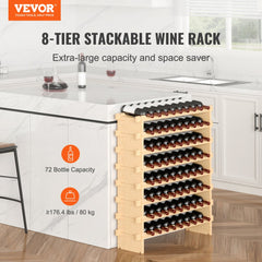8-tier stackable bamboo wine rack holding 72 bottles with natural finish in kitchen corner