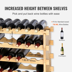 8-tier stackable bamboo wine rack holding 72 standard 750ml bottles with increased shelf spacing.