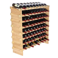 A stackable 8-tier bamboo wine rack holding 72 bottles on modular shelves.
