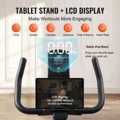 Indoor cycling bike with magnetic resistance, adjustable seat, and LCD display for tracking.