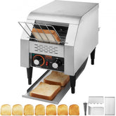 Stainless steel Bostome commercial conveyor toaster with dual knobs and removable crumb tray.