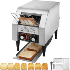 Stainless steel Bostome commercial conveyor toaster with dual knobs and removable crumb tray.
