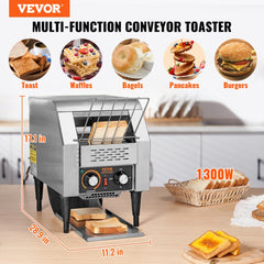 Stainless steel commercial conveyor toaster with dual knobs and removable crumb tray.