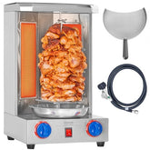 Stainless steel Bostome gas shawarma grill with two burners and 13 lbs capacity.