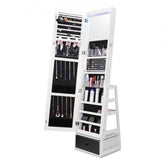 White 360° swivel mirror jewelry cabinet with open storage for necklaces, earrings, and cosmetics.