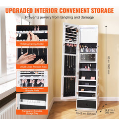 White 360° swivel mirror jewelry cabinet with rotating earring holders, velvet-lined pendant areas, mushroom-shaped bracelet rods, and transparent foldable storage tray.