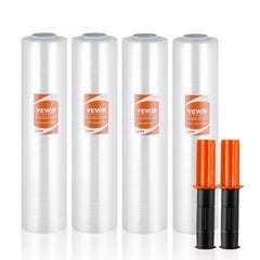 Clear stretch film rolls in a 4-pack with handles, measuring 15" x 1000' and 60 gauge thick.