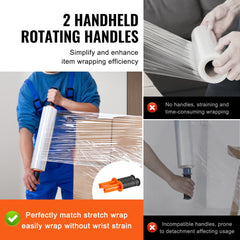 Clear stretch film roll with handles, 15 inches wide and 1000 feet long, in a 4-pack.