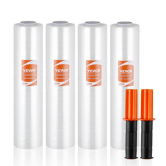Clear stretch film rolls in a 4-pack with handles, measuring 15" x 1000' and 60 gauge thick.