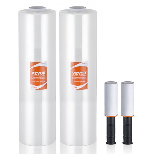 Clear 15" x 1200' stretch film rolls in a 2-pack with ergonomic handles for easy dispensing.