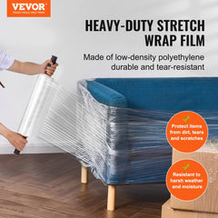 Clear stretch film rolls in a 2-pack, 15 inches wide and 1200 feet long, with ergonomic handles.