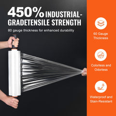 Clear stretch film rolls in a 2-pack, each 15" wide and 1200' long, with ergonomic handles.