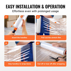 Clear industrial stretch film roll, 15 inches wide and 1200 feet long, with handles for easy use.