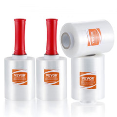 Four rolls of Bostome 80 gauge stretch film, each 5 inches wide by 1000 feet long, with red reusable handles.