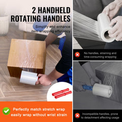 Two handheld rotating handles for wrapping items with 5-inch stretch film rolls.
