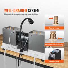 Lapidary cabbing machine with 6-inch wheels, water pump, drain system, and adjustable gooseneck lamp on a stainless steel base.