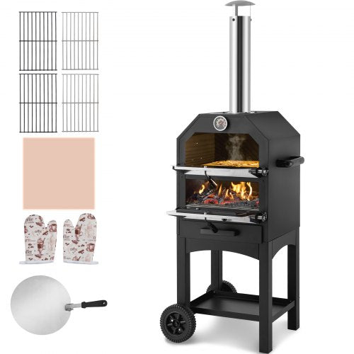 Portable black wood pellet pizza oven with built-in thermometer and dual wheels for easy transport.
