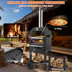 Portable black wood pellet pizza oven with built-in thermometer and dual wheels for easy transport.