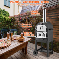 Portable black wood pellet pizza oven with built-in thermometer and dual wheels for easy transport.