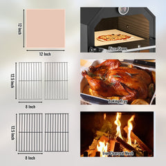 Portable black wood pellet pizza oven with built-in thermometer and dual wheels for easy transport.