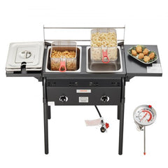 Bostome outdoor propane deep fryer with 16 qt stainless steel double burner and dual baskets.