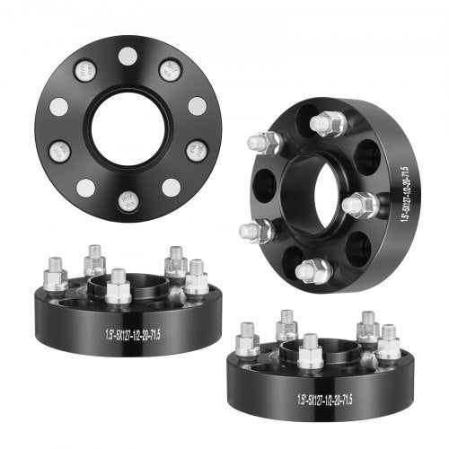 Black 1.5-inch wheel spacers adapters for 5 lug Jeep models, made of forged aluminum.