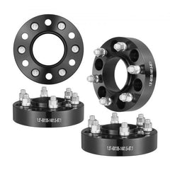 Four black forged aluminum 1.5-inch 6x5.5-inch 6-lug wheel spacers with bolts.