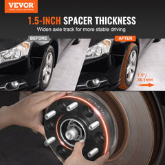 A black car wheel with a 1.5-inch spacer is shown before and after installation.