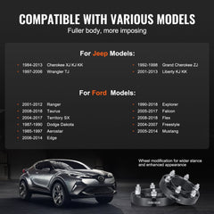 Four black 1-inch forged aluminum wheel spacers with 5x4.5-inch 5-lug pattern for Jeep and Ford vehicles.