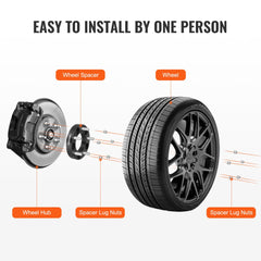 Diagram of black forged aluminum wheel spacers installation on a 5-lug hub with labeled parts.