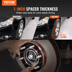 Four black 1-inch forged aluminum wheel spacers with 6x5.5-inch 6-lug pattern, shown installed on vehicle wheels and during mounting.