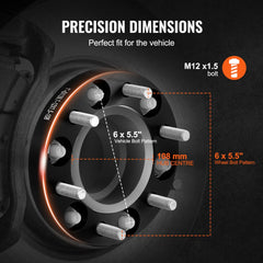 Diagram of black 1-inch 6x5.5-inch 6-lug forged aluminum wheel spacer with 108mm bore and M12x1.5 bolts.
