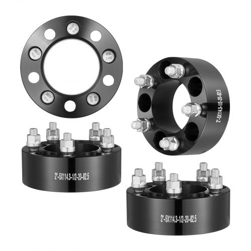 Black 2-inch wheel spacers made of forged aluminum with a 5x4.5 bolt pattern, set of 4.