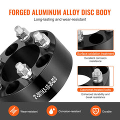 Black forged aluminum wheel spacers, 2 inches wide, 5x4.5 bolt pattern, set of 4.