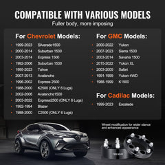 Four black 2-inch 6x5.5-inch 6-lug forged aluminum wheel spacers compatible with Chevrolet, GMC, and Cadillac models.