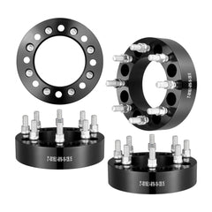 Black forged aluminum 2-inch wheel spacers with 8x6.5 bolt pattern for trucks.