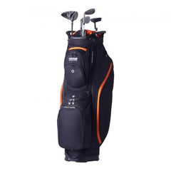Black and orange Bostome 14-way golf cart bag with 13 pockets and ergonomic straps.
