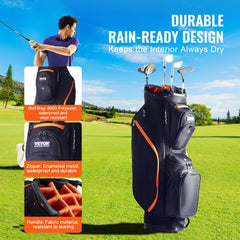 Black and orange Bostome 14-way golf cart bag made of durable 600D polyester with multiple pockets.
