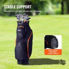 Black and orange Bostome 14-way golf cart bag made of 600D polyester with multiple pockets.